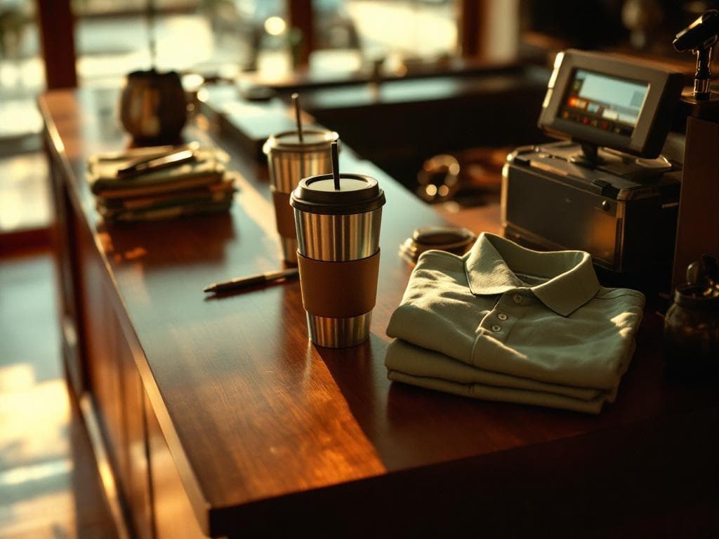Stack of branded blue pens, a Pantone-matched tumbler, and a navy embroidered polo arranged on a community bank teller counter.