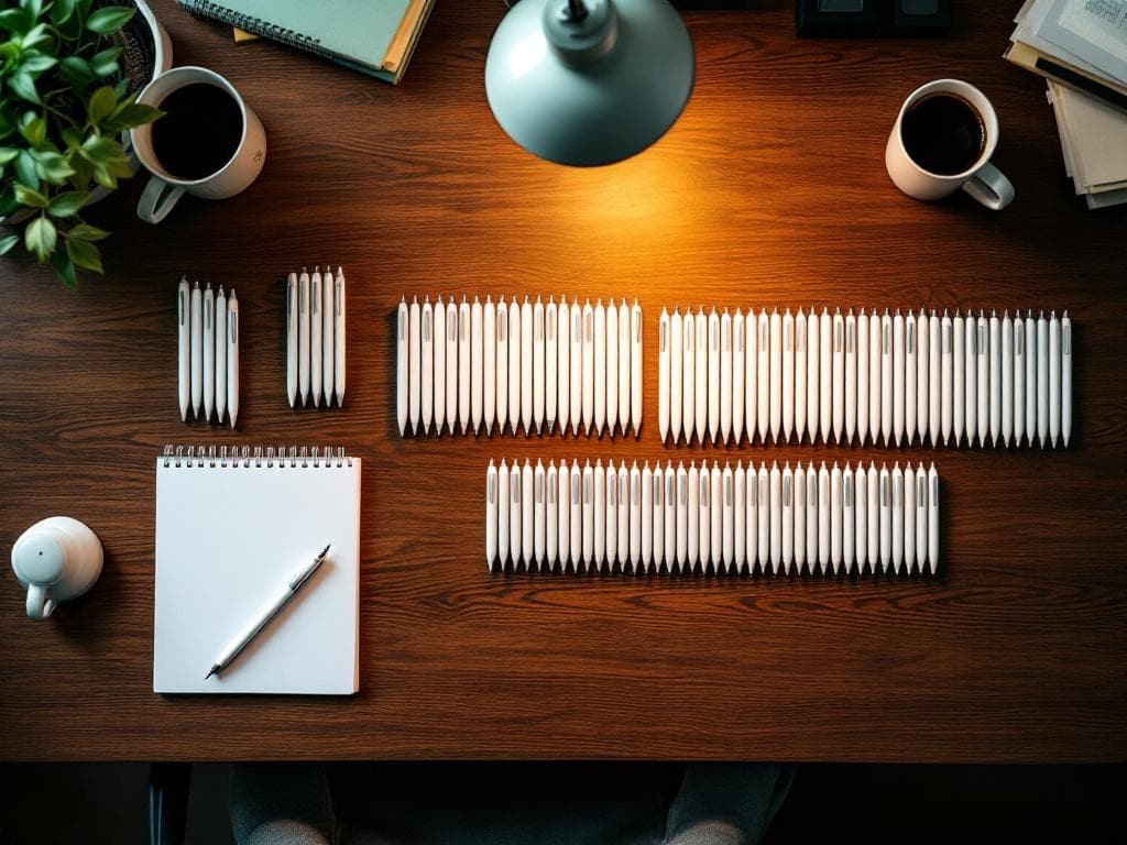 Three groups of branded pens spilled across a workshop bench, labeled 2,500, 5,000, and 10,000, with a price tag on each pile.