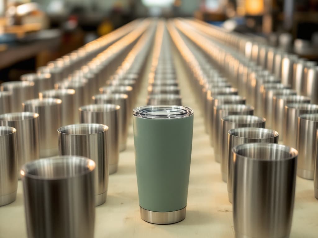 Rows of identical brushed-steel insulated tumblers lined up on a workshop packing table, one powder-coated tumbler in the front row, ready for a bulk employee order.