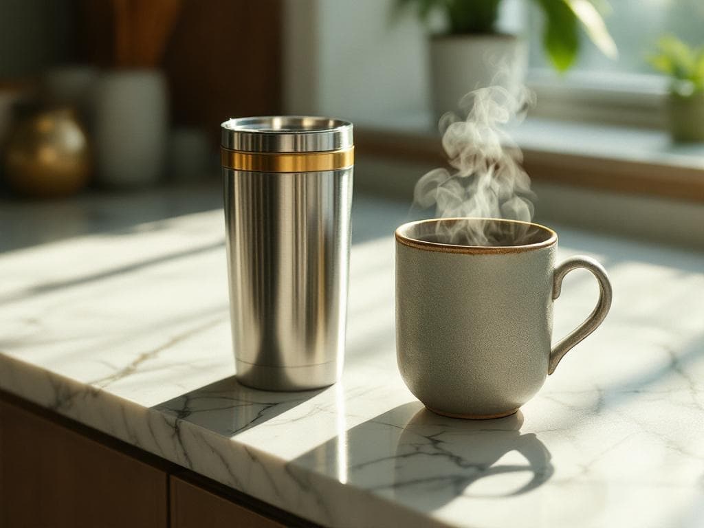A 20-ounce stainless steel insulated tumbler beside a 12-ounce ceramic mug, both branded with the same logo, photographed on a desk.