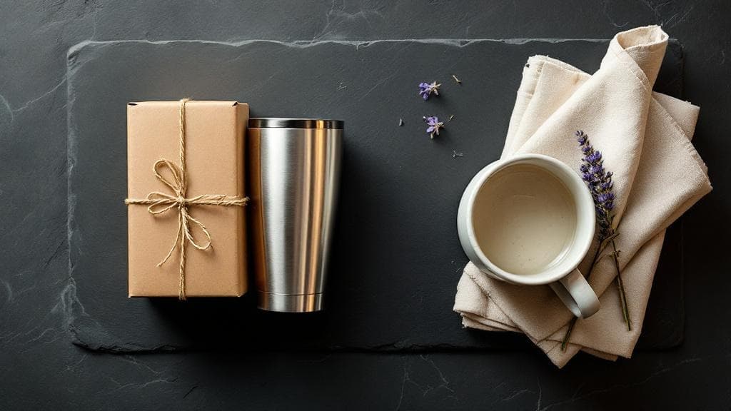 A 20-ounce stainless steel insulated tumbler beside a 12-ounce ceramic mug, both branded with the same logo, photographed on a desk.