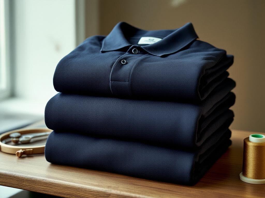 Three folded navy polos in different fabric weights with an embroidered bank logo on the left chest, photographed on a workshop bench.