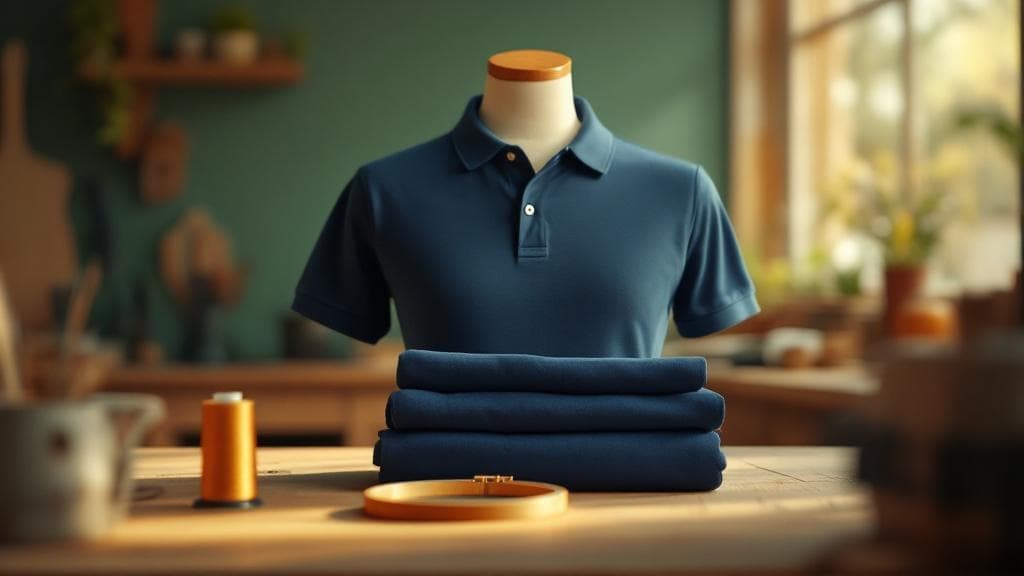 Three folded navy polos in different fabric weights with an embroidered bank logo on the left chest, photographed on a workshop bench.