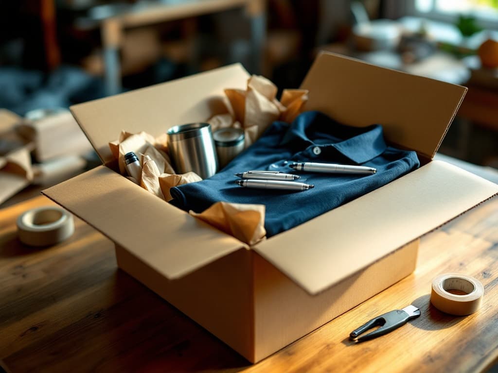 An open corrugated shipping carton on a warm workbench, packed with branded pens, an insulated tumbler, and a folded polo in kraft tissue, sealed and ready to ship.