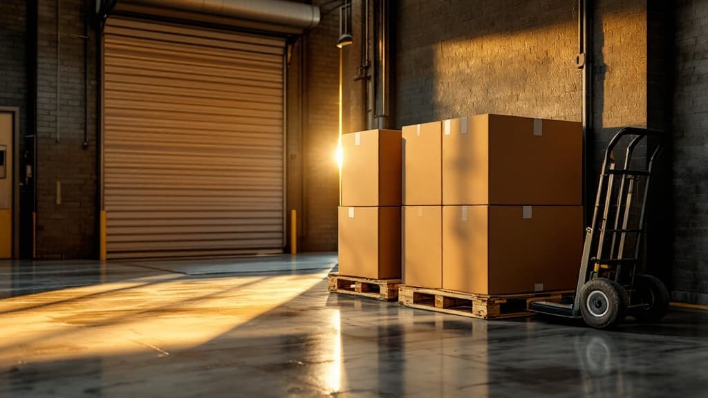 An open corrugated shipping carton on a warm workbench, packed with branded pens, an insulated tumbler, and a folded polo in kraft tissue, sealed and ready to ship.