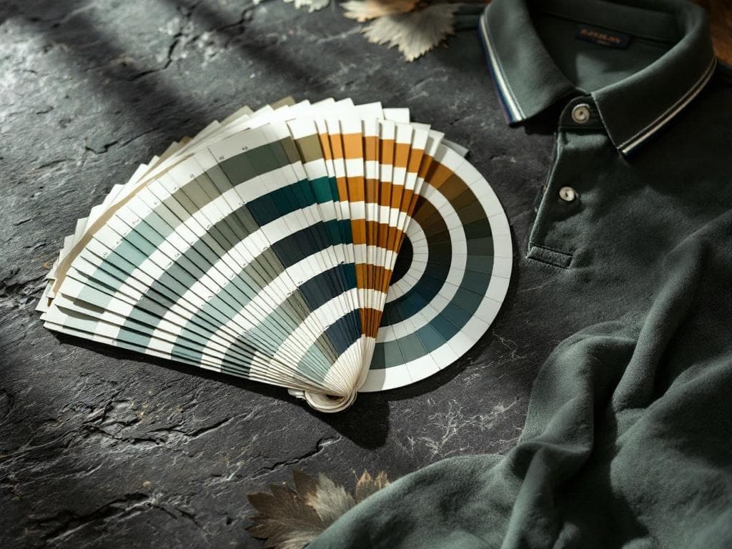 A Pantone color fan deck open to a navy blue swatch, beside a printed pen, embroidered polo, and tumbler all in the same color.