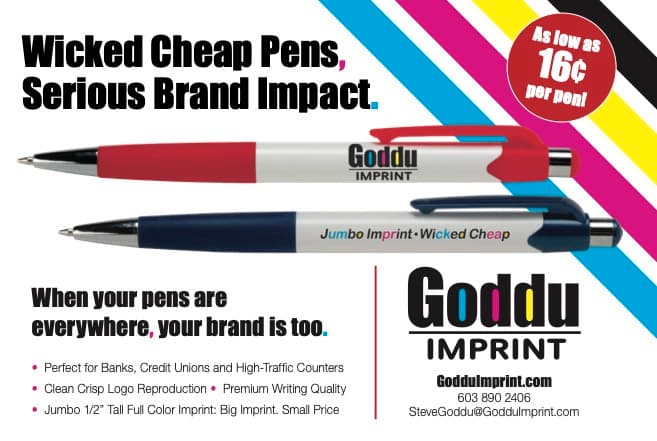 Goddu Imprint Wicked Cheap Pens promo: two full-color branded click pens with the headline Wicked Cheap Pens, Serious Brand Impact, and as low as 16 cents per pen.