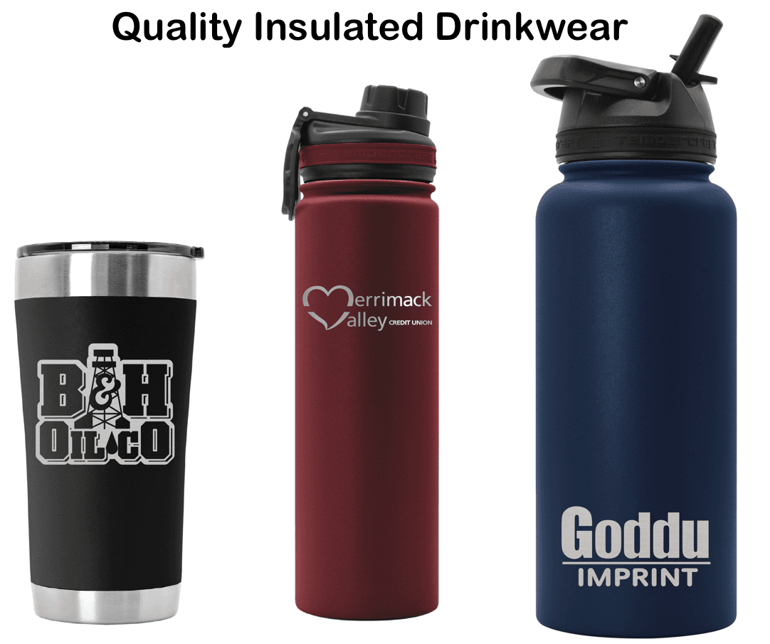 Branded insulated drinkware lineup: a black tumbler, a maroon credit-union sport bottle, and a navy straw bottle.
