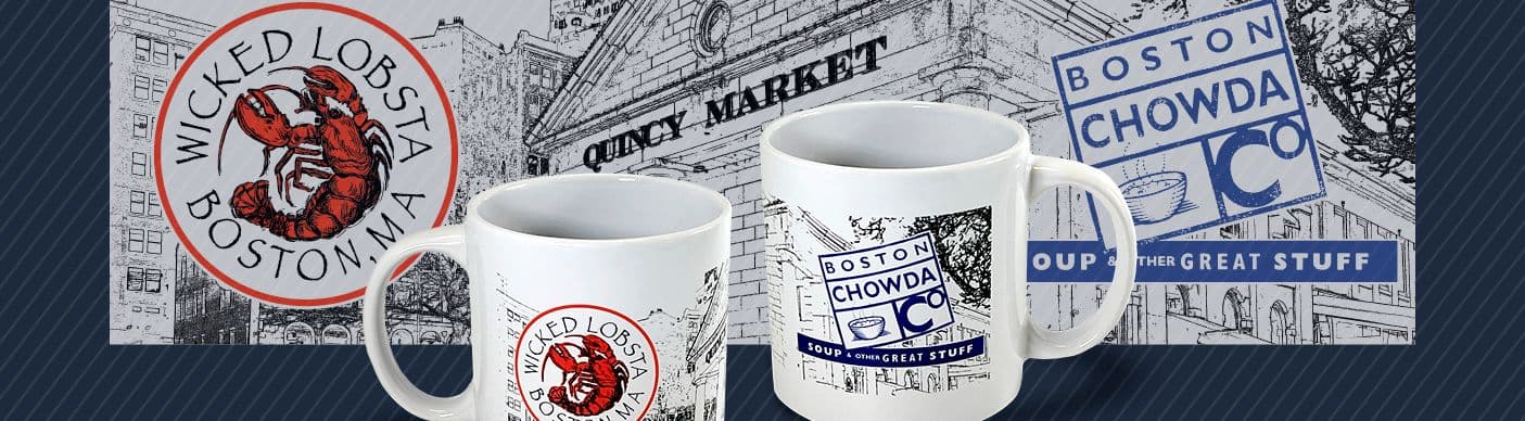 Custom Wicked Lobsta and Boston Chowda Co illustration with hand-drawn Quincy Market art on decorated mugs.
