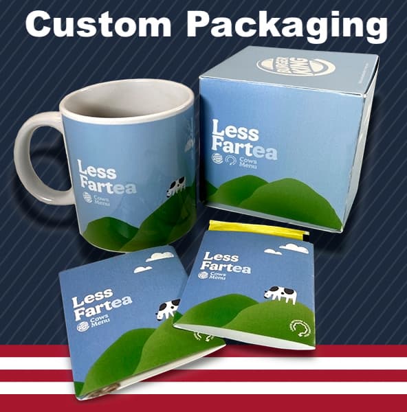 Burger King Less Fartea campaign custom packaging: printed mug, branded box, and tea-bag packaging.
